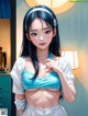 A woman in a blue bra top and white skirt posing for a picture.